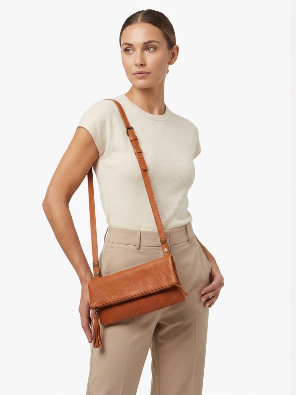 Kelly Moore ($255) Cognac Leather Carry All Clutch Crossbody Bag